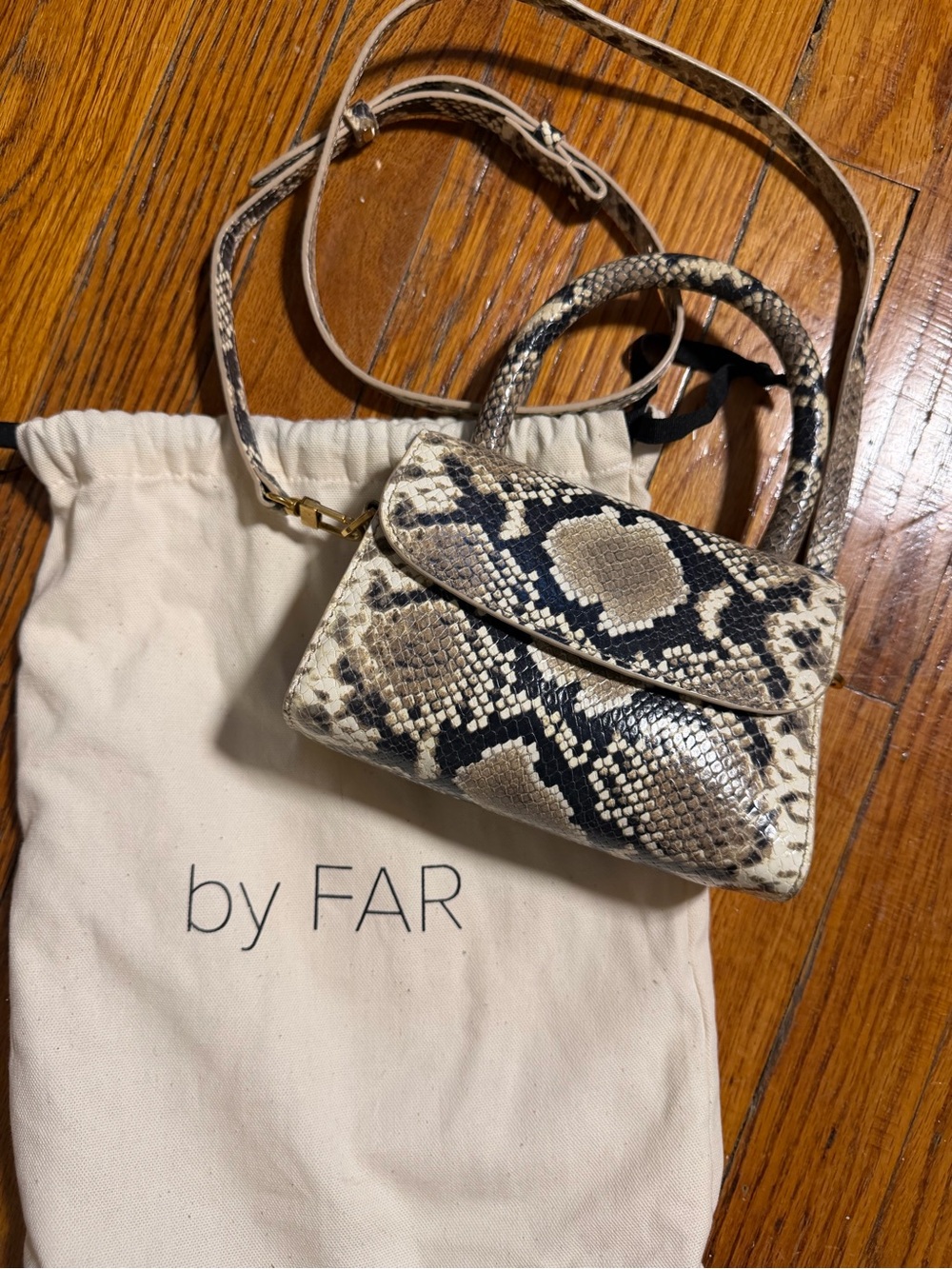 BY FAR Beige and Black Snakeskin Mini Top-Handle Bag